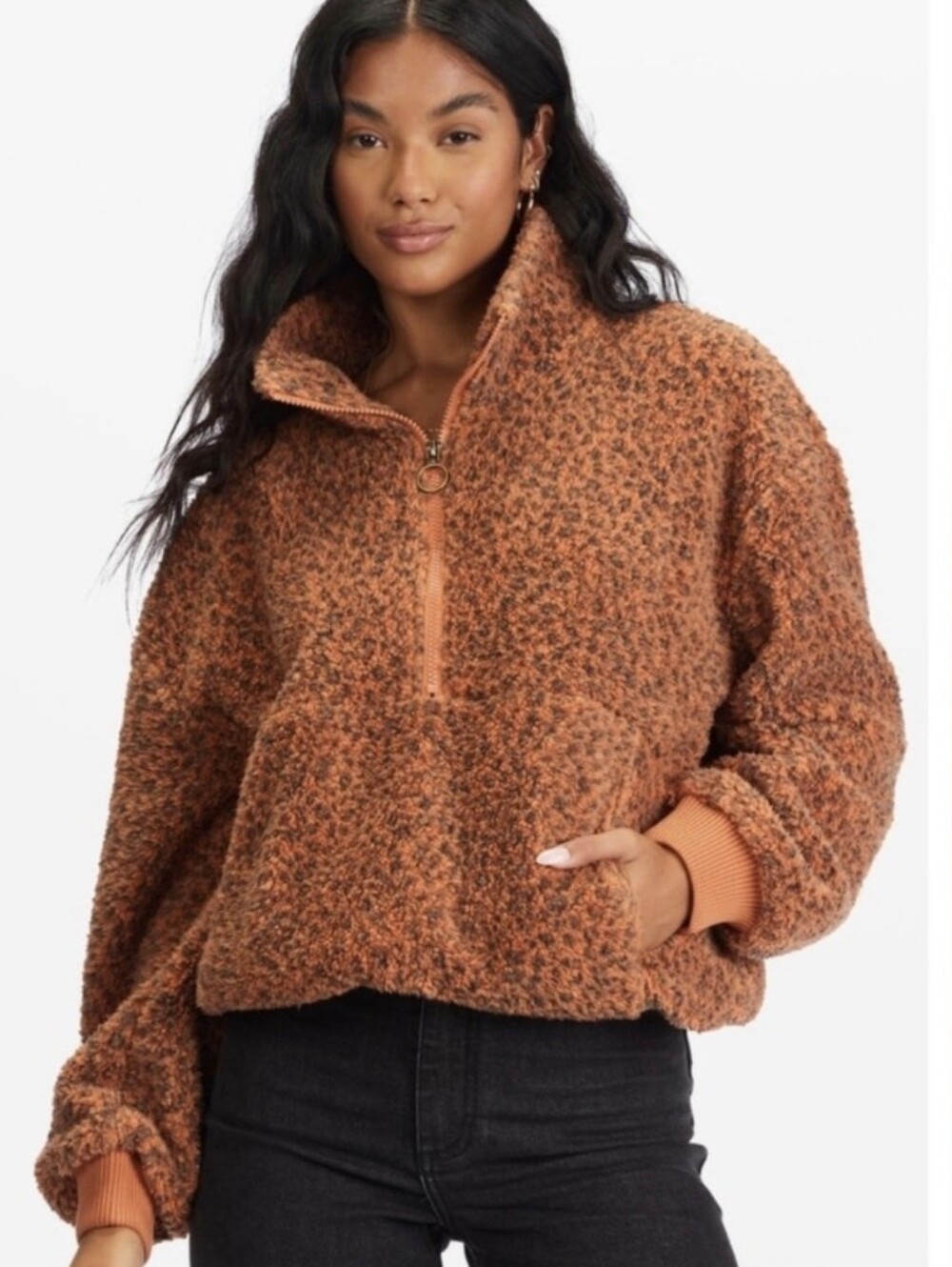Billabong Time Off Half Zip Animal Print Long Sleeve Fleece Pullover, Small